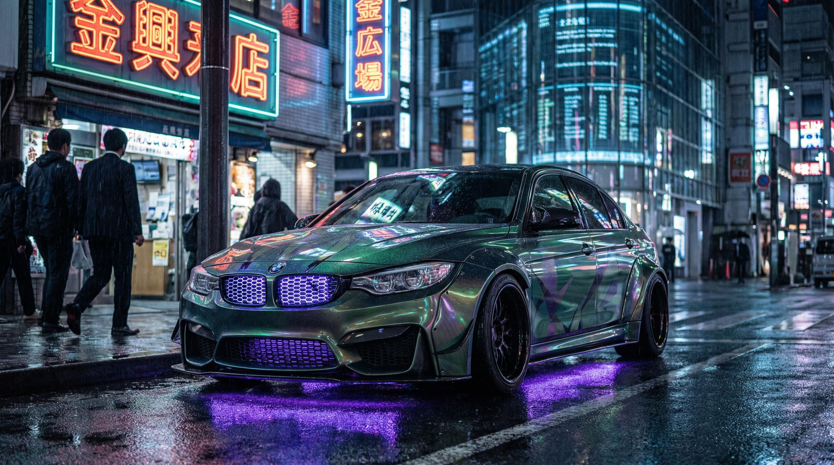 海角社区绿色改装轿车夜景灯光视频